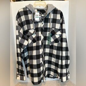 NWT Men's Black and White Plaid Hooded Button-Down Shirt Thin, size Large